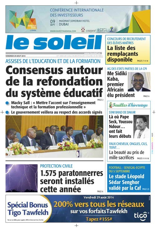 A la Une du Journal Le Soleil du vendredi 29 août 2014