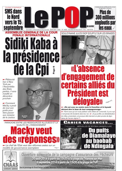 A la Une du Journal Le Populaire du vendredi 29 août 2014