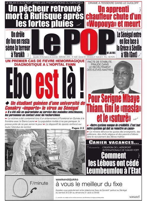 A la Une du Journal Le Populaire du samedi 30 août 2014