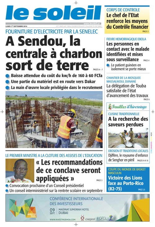 A la Une du Journal Le Soleil du lundi 01 septembre 2014