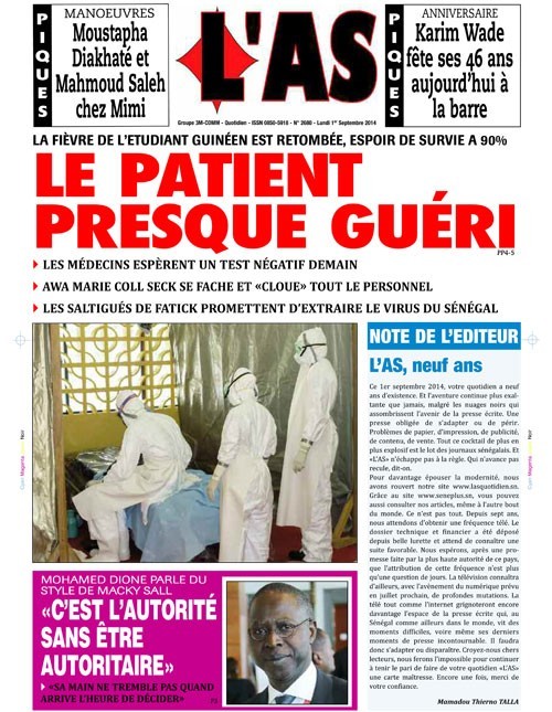 A la Une du Journal L'As du lundi 01 septembre 2014