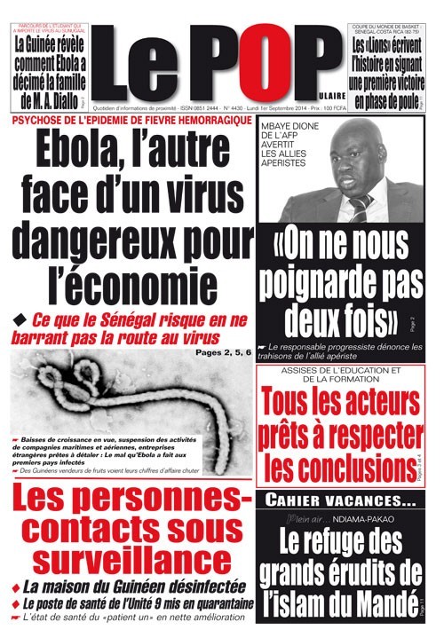 A la Une du Journal Le Populaire du lundi 01 septembre 2014