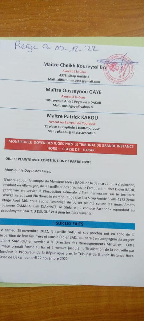 DÉPÔT DE LA PLAINTE DE LA FAMILLE DE L'ADJUDANT-CHEF DIDIER BADJI