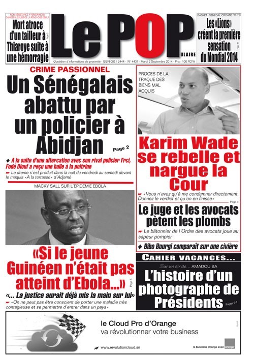 A la Une du Journal Le Populaire du mardi 02 septembre 2014
