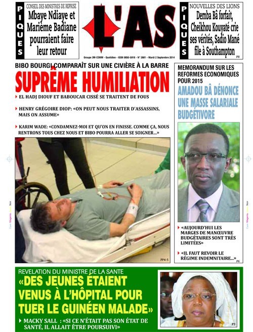 A la Une du Journal L'As du mardi 02 septembre 2014