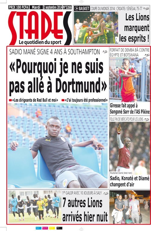 A la Une du Journal Stades du mardi 02 septembre 2014