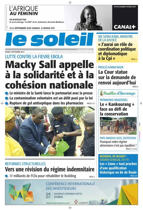 A la Une du Journal Le Soleil du mardi 02 septembre 2014
