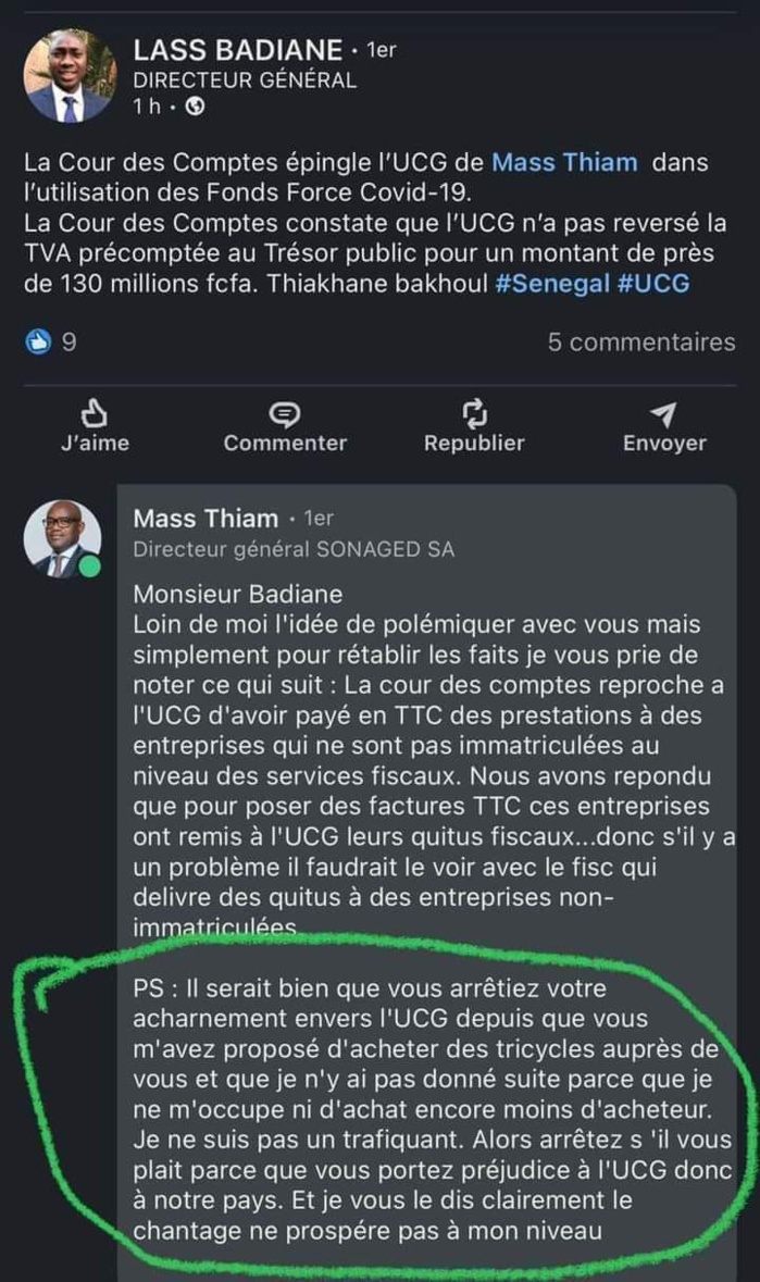 Mass Thiam à Lass Badiane: “Il serait bien que vous arrêtiez votre acharnement envers l’Ucg” Mass Thiam à Lass Badiane: “Il serait bien que vous arrêtiez votre acharnement envers l’Ucg”