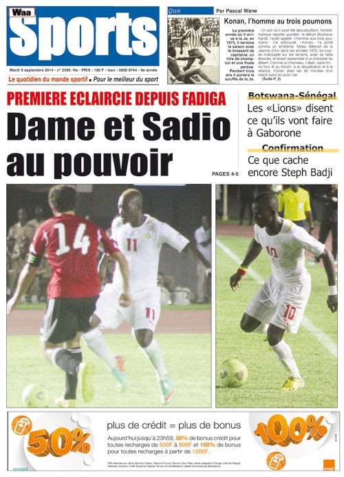 A la Une du Journal Waa Sports du mardi 09 septembre 2014