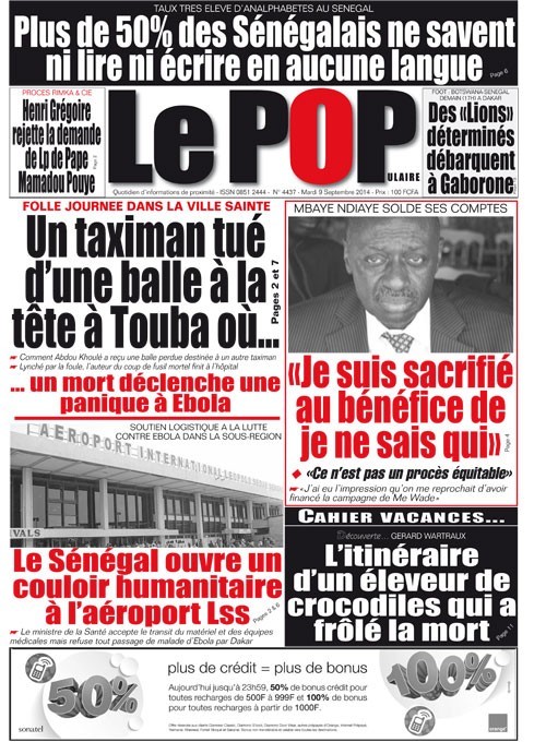 A la Une du Journal Le Populaire du mardi 09 septembre 2014