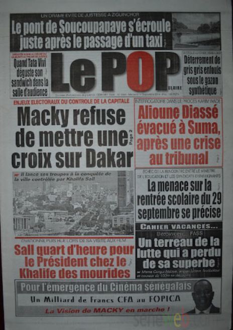 A la Une du Journal Le Populaire du mercredi 17 septembre 2014
