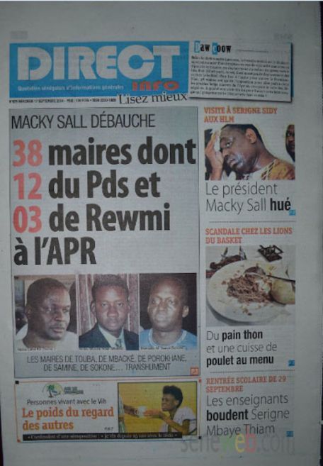A la Une du Journal Direct Info du mercredi 17 septembre 2014