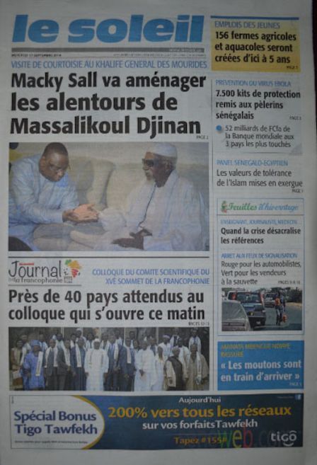 A la Une du Journal Le Soleil du mercredi 17 septembre 2014