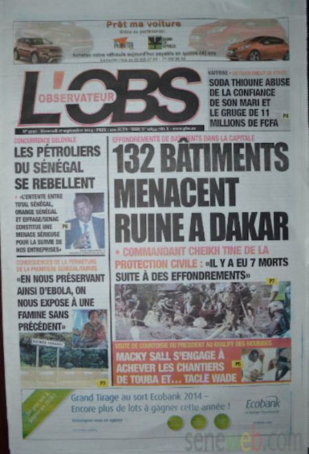 A la Une du Journal L'observateur du mercredi 17 septembre 2014
