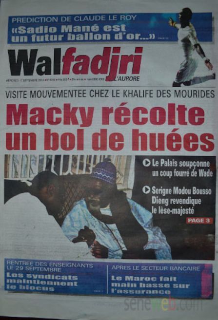 A la Une du Journal Walfadjri du mercredi 17 septembre 2014