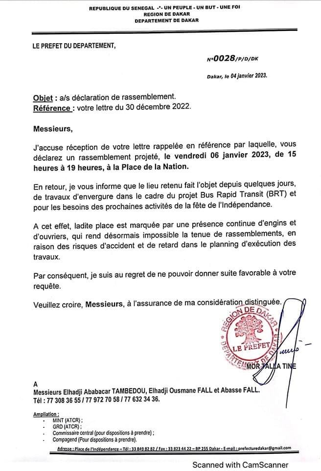 Rassemblement de l’opposition : Le Préfet de Dakar oppose son veto