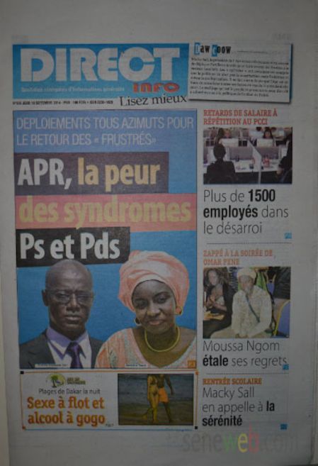 A la Une du Journal Direct Info du jeudi 18 septembre 2014