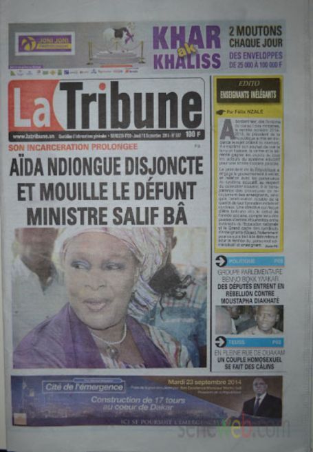 A la Une du Journal La Tribune du jeudi 18 septembre 2014