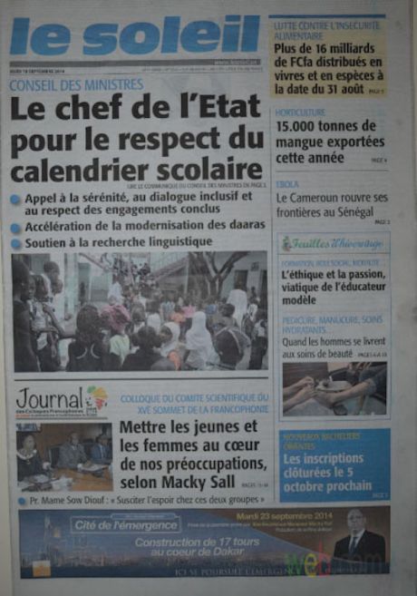 A la Une du Journal Le Soleil du jeudi 18 septembre 2014