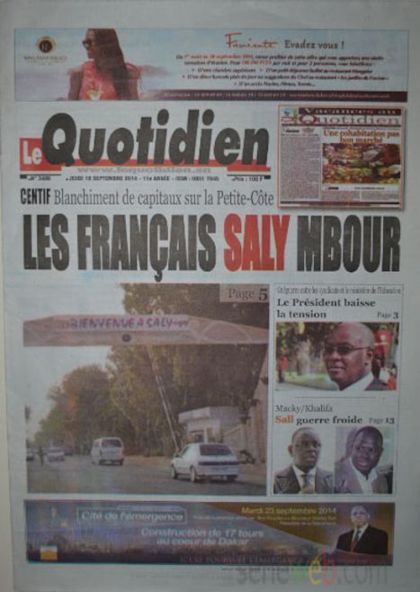 A la Une du Journal Le Quotidien du jeudi 18 septemnre 2014