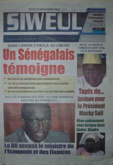 A la Une du Journal Siweul du mercredi 17 septembre 2014