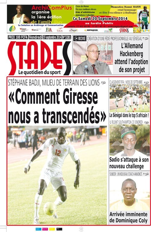 A la Une du Journal Stades du vendredi 19 septembre 2014