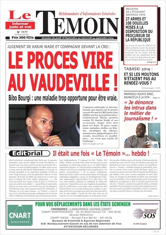 A la Une du Journal Le Témoin du vendredi 19 septembre 2014