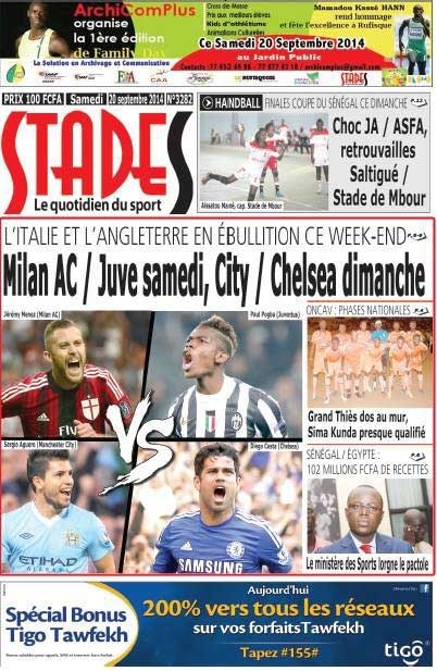 A la Une du Journal Stades du samedi 20 septembre 2014