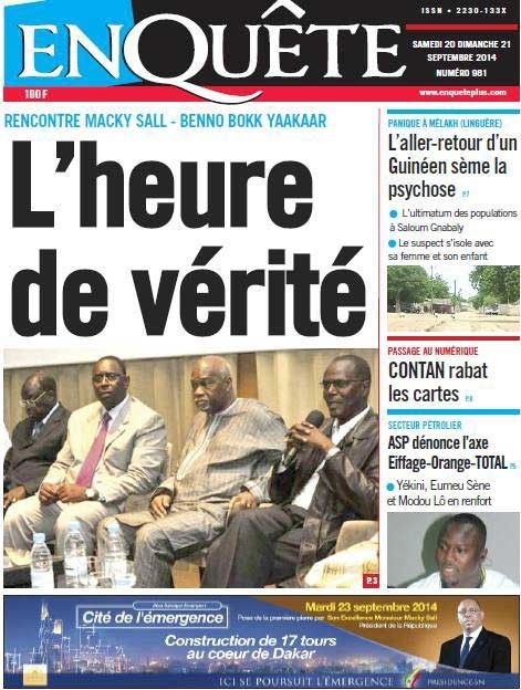 A la Une du Journal EnQuête du samedi 20 septembre 2014