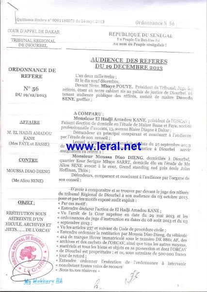 Exclusif ! Affaire Amadou Kane/Moussa Diao Dieng : Le Président de l'ONCAV débouté puis condamné aux dépens (documents)
