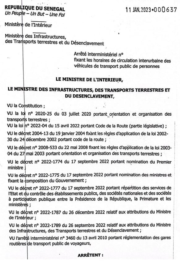 Sécurité routière : L’arrêté fixant les horaires de circulation interurbaine des véhicules de transport public des personnes