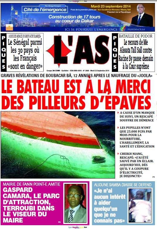 A la Une du Journal L'As du mardi 23 septembre 2014