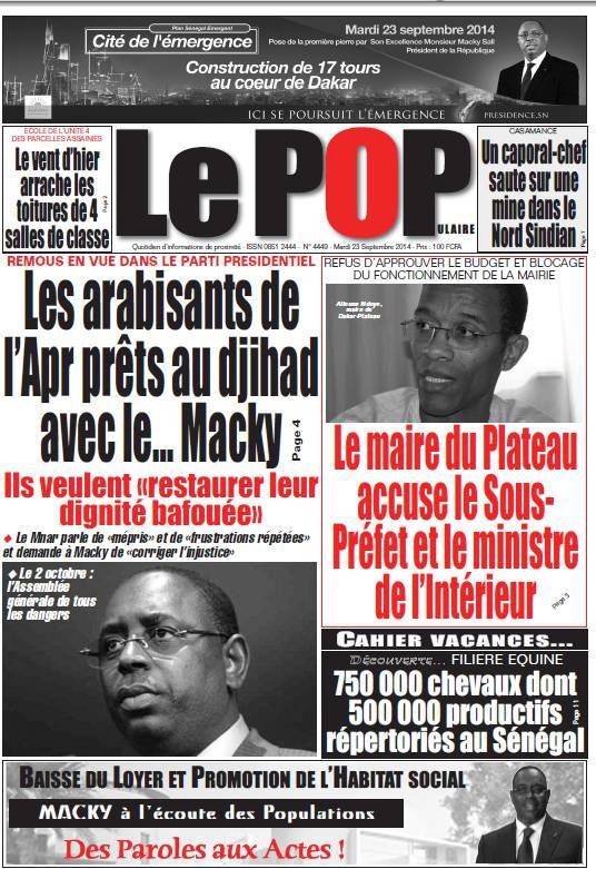 A la Une du Journal Le Populaire du mardi 23 septembre 2014