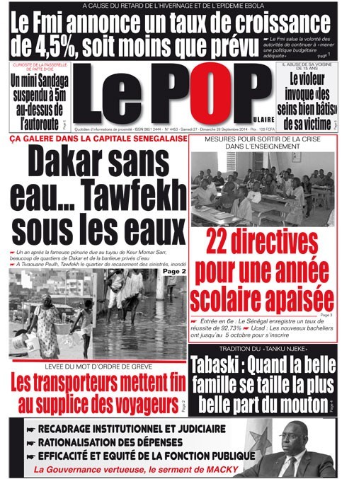 A la Une du Journal Le Populaire du samedi 27 septembre 2014