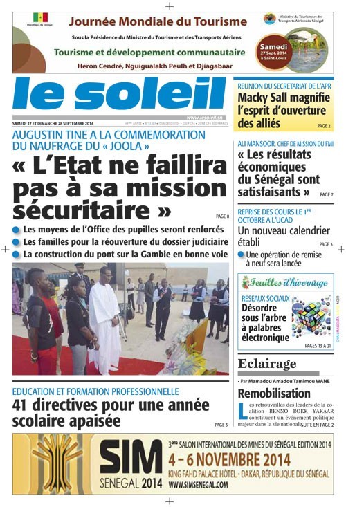 A la Une du Journal Le Soleil du samedi 27 septembre 2014