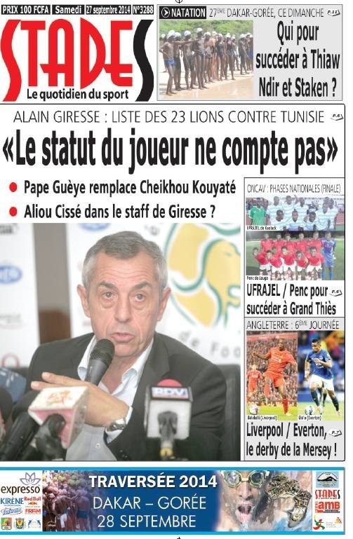 A la Une du Journal Stades du samedi 27 septembre 2014