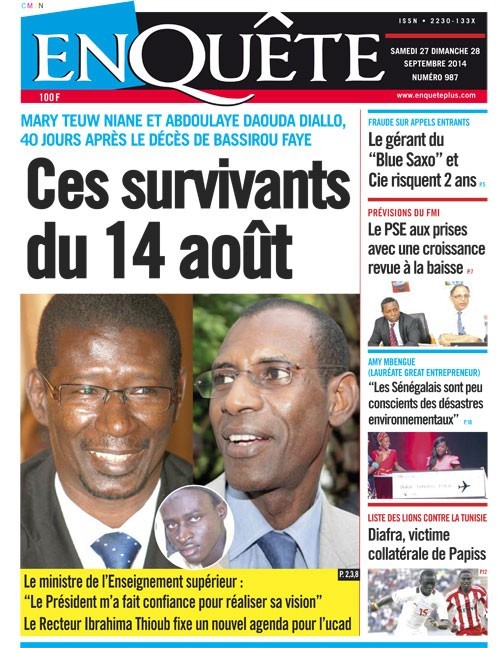 A la Une du Journal EnQuête du samedi 27 septembre 2014