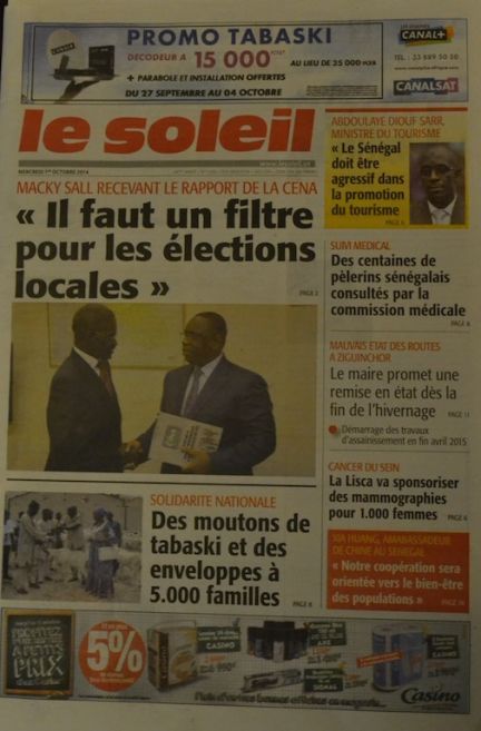 A la Une du Journal Le Soleil du mercredi 01 octobre 2014