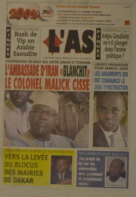 A la Une du Journal L'As du jeudi 02 octobre 2014
