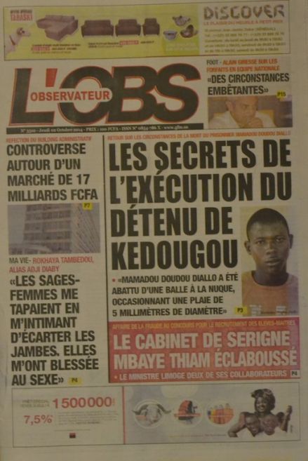 A la Une du Journal L'Observateur du jeudi 02 octobre 2014