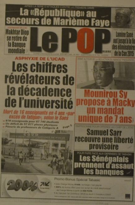 A la Une du Journal Le Populaire du jeudi 02 octobre 2014