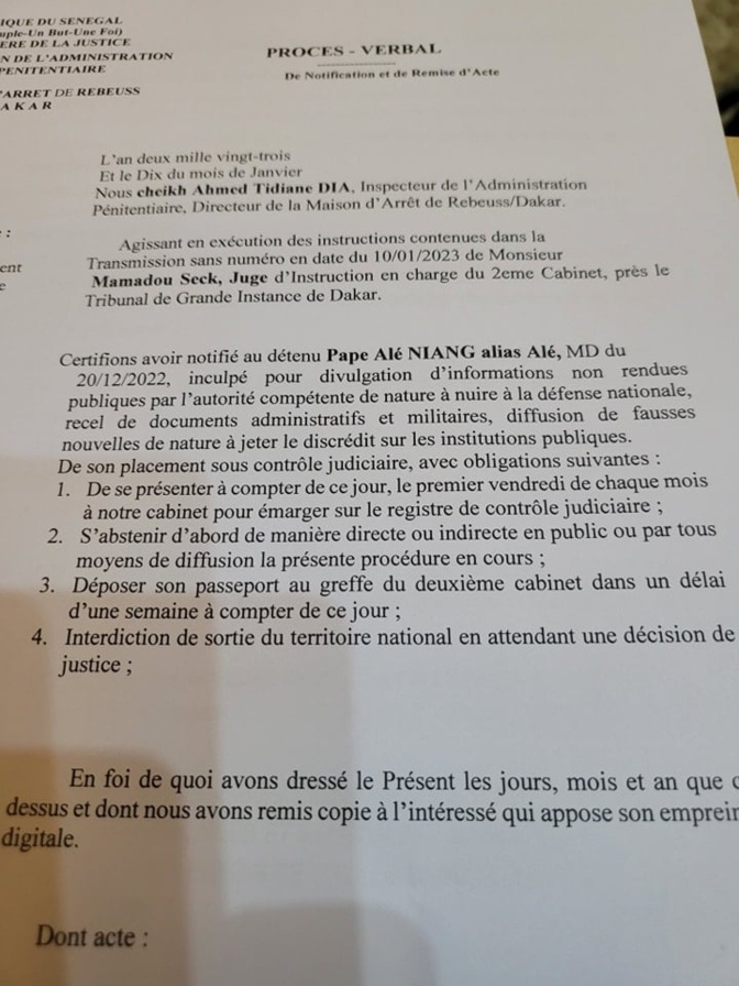Pape Alé Niang publie son document de contrôle judiciaire: « Je prends à témoin l’opinion.. » Pape Alé Niang publie son document de contrôle judiciaire: « Je prends à témoin l’opinion.. »