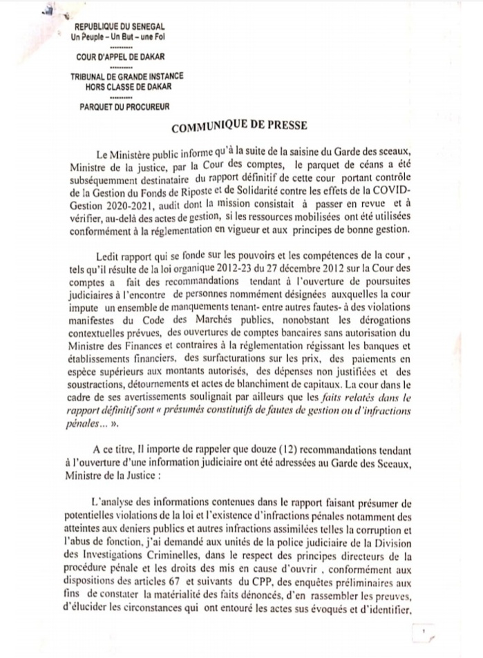 Rapport Cour des Comptes sur les fonds Force Covid-19 : Le Procureur confie le dossier à la Dic (Communiqué)