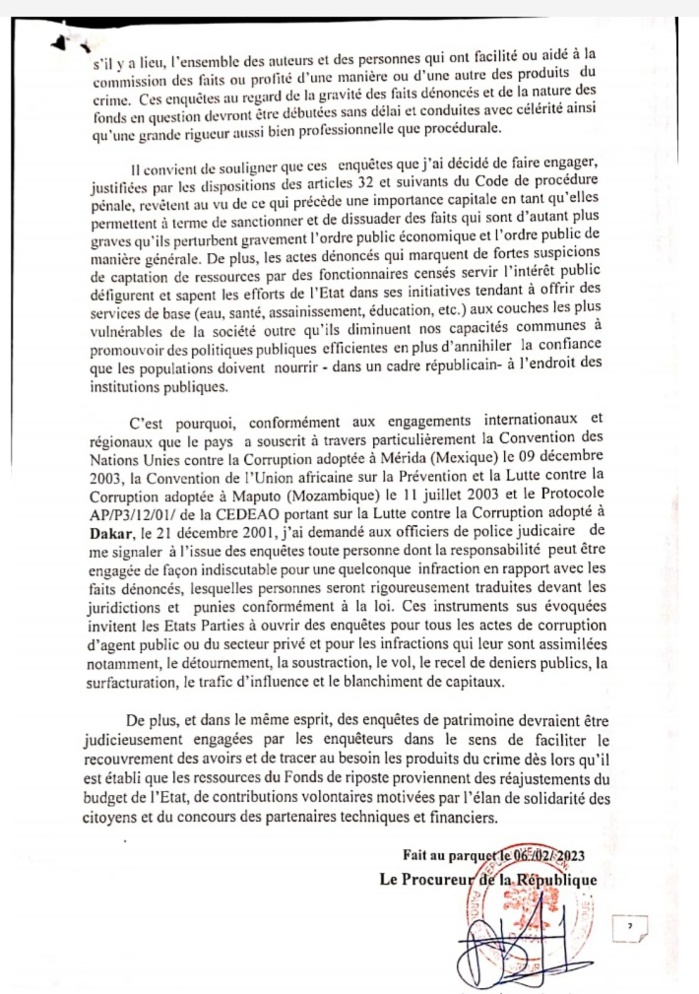 Rapport Cour des Comptes sur les fonds Force Covid-19 : Le Procureur confie le dossier à la Dic (Communiqué)