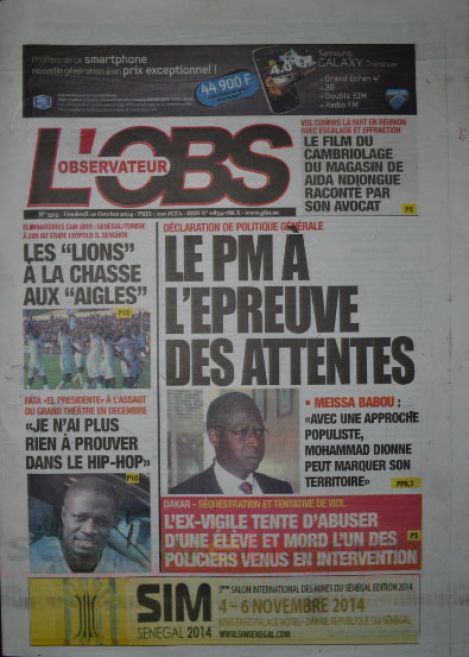 A la Une du Journal L'Observateur du vendredi 10 octobre 2014