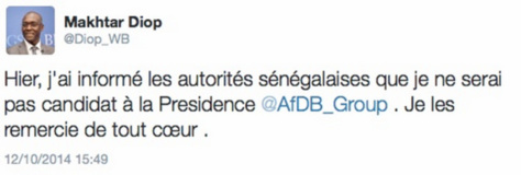 Makhtar Diop annonce sur son profil Twitter qu'il ne sera pas candidat à la BAD