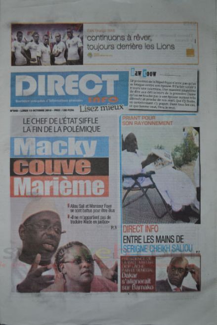 A la Une du Journal Direct Info du lundi 13 octobre 2014