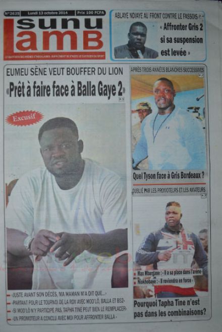 A la Une du Journal Sunu Lamb du lundi 13 octobre 2014