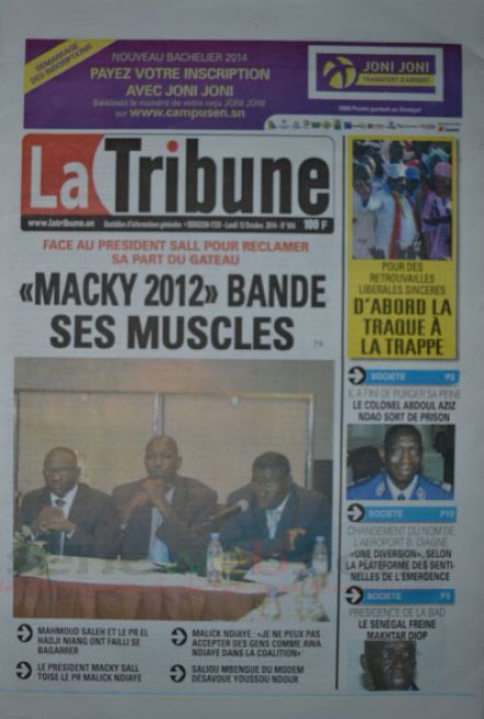 A la Une du Journal La Tribune du lundi 13 octobre 2014