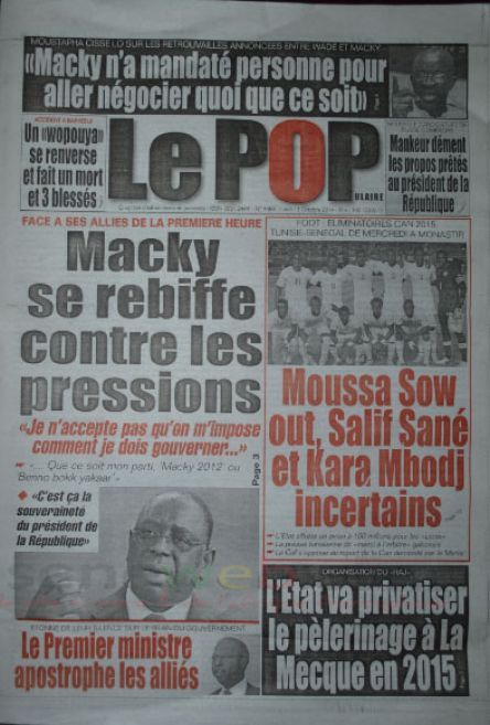 A la Une du Journal Le Populaire du lundi 13 octobre 2014